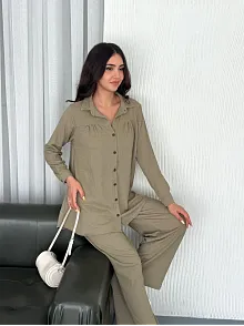 Yakalı Düğmeli Uzun Kollu Gömlek Pantolon İkili Takım - Bej