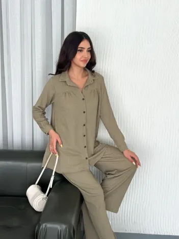 Yakalı Düğmeli Uzun Kollu Gömlek Pantolon ikili Takım - Bej Yakalı Düğmeli Uzun Kollu Gömlek Pantolon ikili Takım - Bej