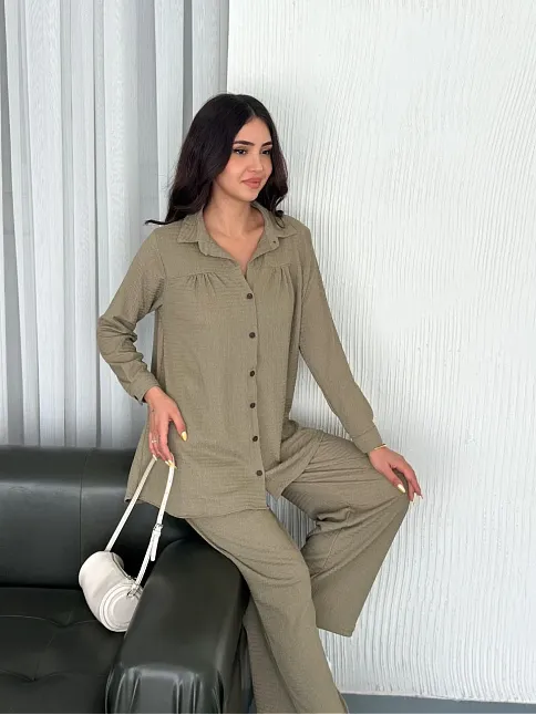 Yakalı Düğmeli Uzun Kollu Gömlek Pantolon İkili Takım - Bej