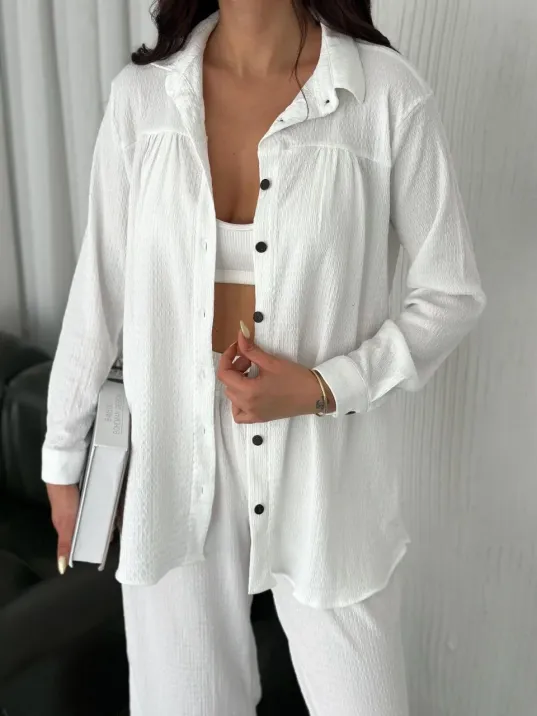 Yakalı Düğmeli Uzun Kollu Gömlek Pantolon ikili Takım - Beyaz