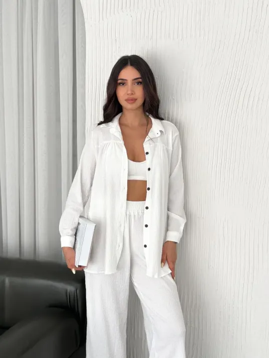 Yakalı Düğmeli Uzun Kollu Gömlek Pantolon ikili Takım - Beyaz