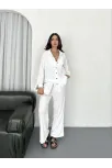 Yakalı Düğmeli Uzun Kollu Gömlek Pantolon İkili Takım - Beyaz