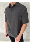 Yakalı Patlı Kısa Kol T-shirt - Antrasit