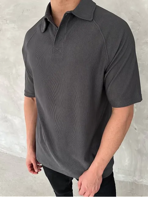 Yakalı Patlı Kısa Kol T-shirt - Antrasit