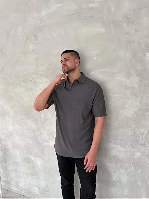 Yakalı Patlı Kısa Kol T-shirt - Antrasit