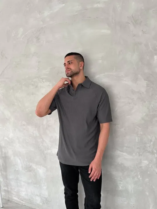 Yakalı Patlı Kısa Kol T-shirt - Antrasit Yakalı Patlı Kısa Kol T-shirt - Antrasit