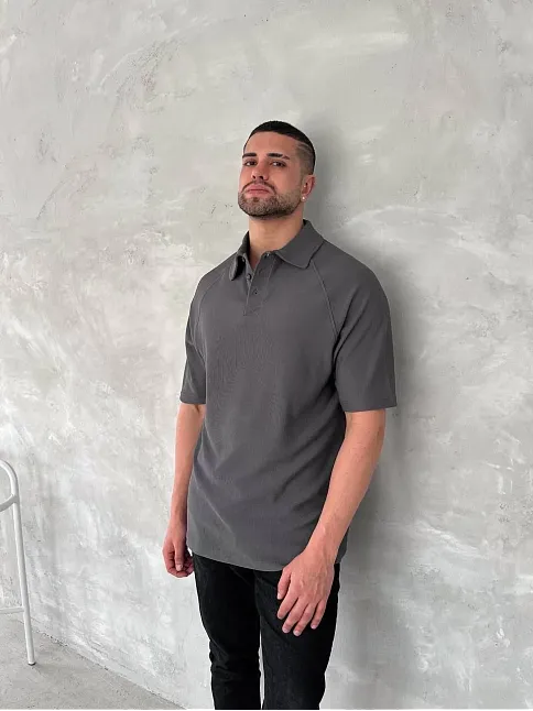 Yakalı Patlı Kısa Kol T-shirt - Antrasit