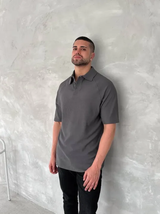 Yakalı Patlı Kısa Kol T-shirt - Antrasit Yakalı Patlı Kısa Kol T-shirt - Antrasit