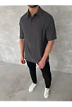 Yakalı Patlı Kısa Kol T-shirt - Antrasit