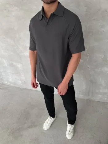 Yakalı Patlı Kısa Kol T-shirt - Antrasit Yakalı Patlı Kısa Kol T-shirt - Antrasit