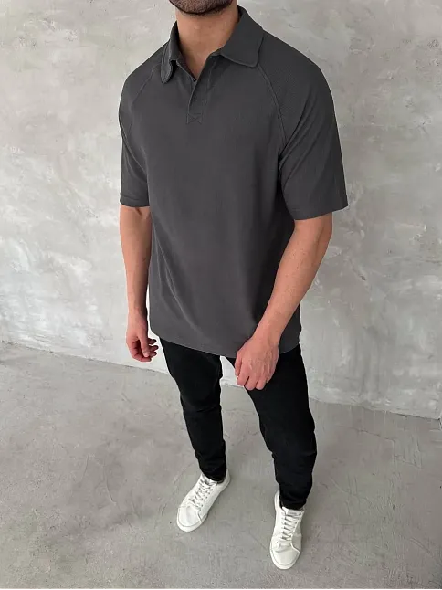 Yakalı Patlı Kısa Kol T-shirt - Antrasit