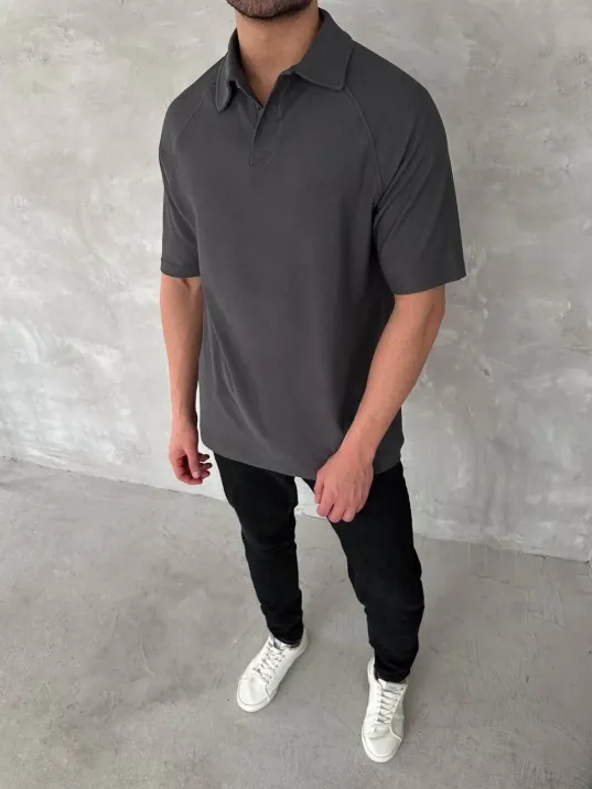 Yakalı Patlı Kısa Kol T-shirt - Antrasit Yakalı Patlı Kısa Kol T-shirt - Antrasit