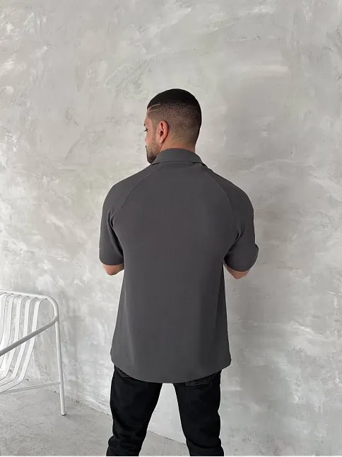 Yakalı Patlı Kısa Kol T-shirt - Antrasit