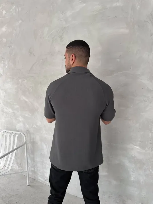 Yakalı Patlı Kısa Kol T-shirt - Antrasit Yakalı Patlı Kısa Kol T-shirt - Antrasit