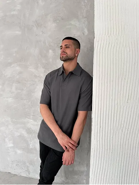 Yakalı Patlı Kısa Kol T-shirt - Antrasit