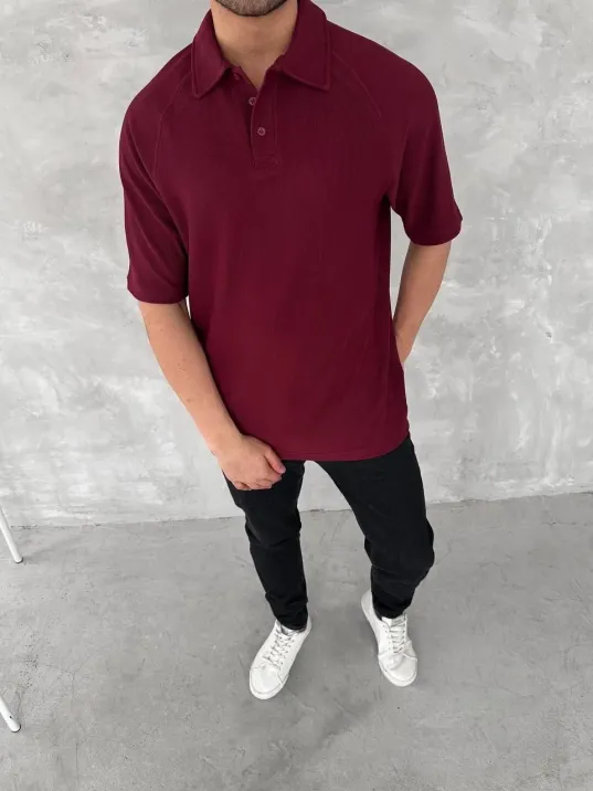 Yakalı Patlı Kısa Kol T-shirt - Bordo Yakalı Patlı Kısa Kol T-shirt - Bordo