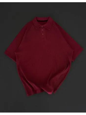Yakalı Patlı Kısa Kol T-shirt - Bordo
