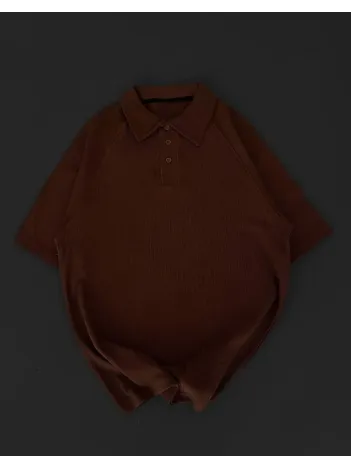 Yakalı Patlı Kısa Kol T-shirt - Kahverengi