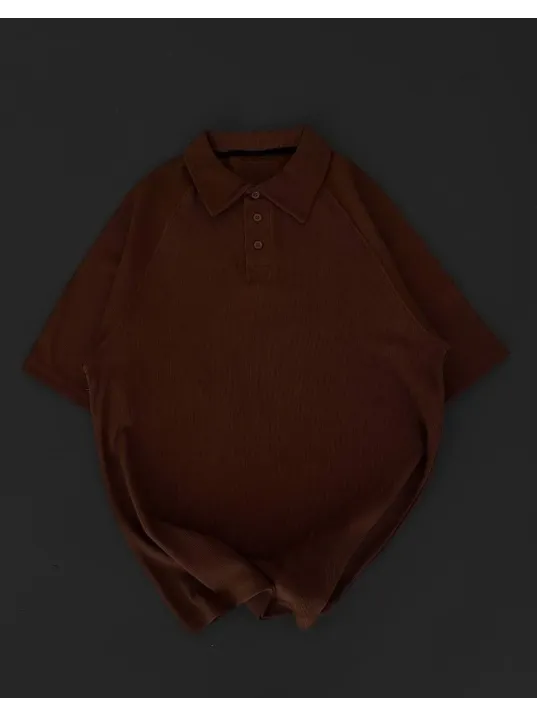 Yakalı Patlı Kısa Kol T-shirt - Kahverengi Yakalı Patlı Kısa Kol T-shirt - Kahverengi