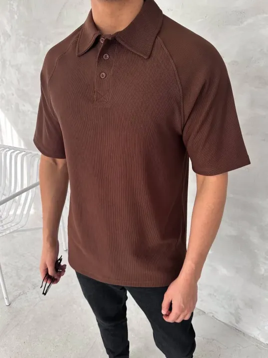 Yakalı Patlı Kısa Kol T-shirt - Kahverengi Yakalı Patlı Kısa Kol T-shirt - Kahverengi