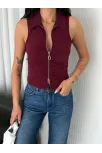 Yakalı Tam Fermuarlı Kolsuz Bluz - Bordo