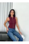 Yakalı Tam Fermuarlı Kolsuz Bluz - Bordo