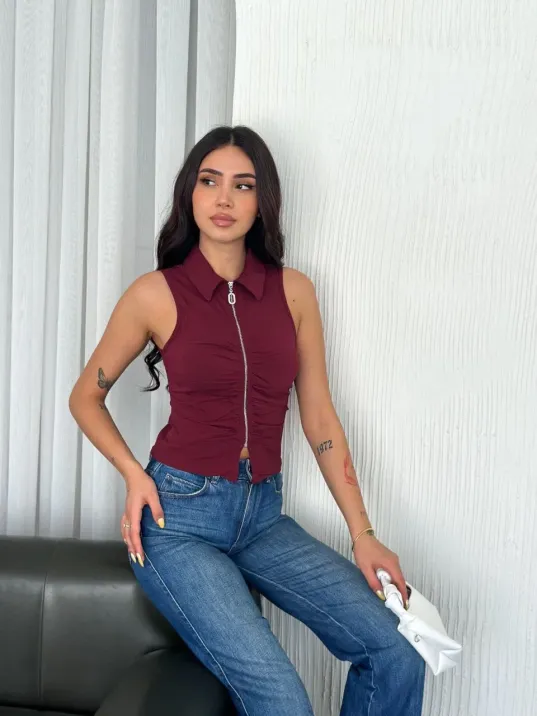 Yakalı Tam Fermuarlı Kolsuz Bluz - Bordo