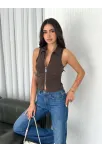 Yakalı Tam Fermuarlı Kolsuz Bluz - Kahverengi