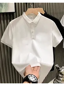 Yakası Düğmeli Yakalı Pike Düz T-shirt - Beyaz