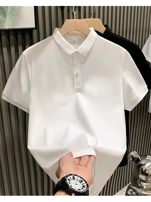 Yakası Düğmeli Yakalı Pike Düz T-shirt - Beyaz