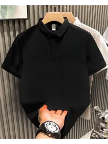 Yakası Düğmeli Yakalı Pike Düz T-shirt - Siyah
