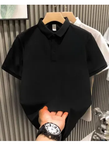 Yakası Düğmeli Yakalı Pike Düz T-Shirt - Siyah Yakası Düğmeli Yakalı Pike Düz T-Shirt - Siyah