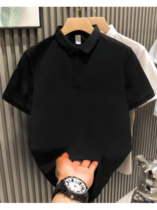 Yakası Düğmeli Yakalı Pike Düz T-Shirt - Siyah Yakası Düğmeli Yakalı Pike Düz T-Shirt - Siyah