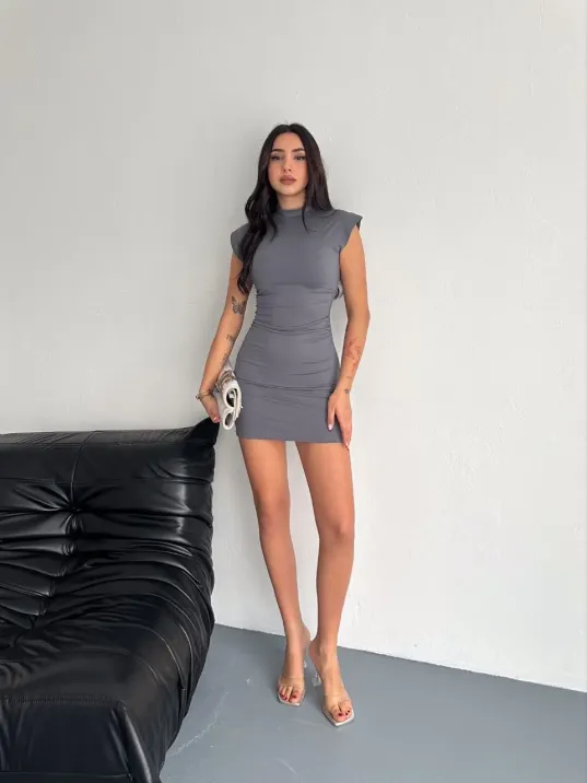Yarım Bogazlı Kolsuz Mini Boy Elbise - Gri Yarım Bogazlı Kolsuz Mini Boy Elbise - Gri