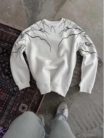 Yıldırım Baskılı Bisiklet Yaka Sweatshirt - Beyaz