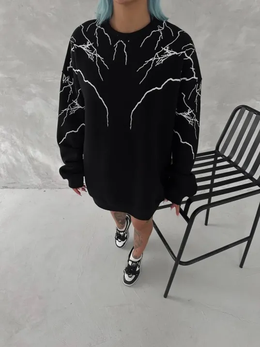 Yıldırım Baskılı Bisiklet Yaka Sweatshirt - Siyah