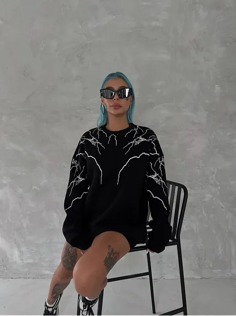 Yıldırım Baskılı Bisiklet Yaka Sweatshirt - Siyah