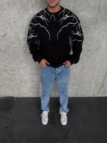 Yıldırım Baskılı Bisiklet Yaka Sweatshirt - Siyah