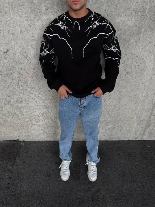 Yıldırım Baskılı Bisiklet Yaka Sweatshirt - Siyah