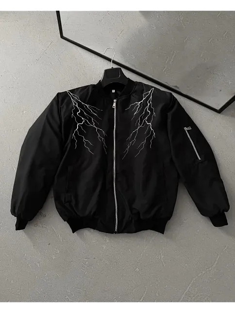 Unisex Siyah Bomber Mont – Beyaz Şimşek Desenli, Fermuarlı Cepli, Kapitone Astarlı Sokak Stili Günlük Ceket - Siyah