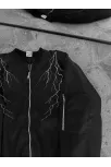 Unisex Siyah Bomber Mont – Beyaz Şimşek Desenli, Fermuarlı Cepli, Kapitone Astarlı Sokak Stili Günlük Ceket - Siyah