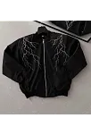 Unisex Siyah Bomber Mont – Beyaz Şimşek Desenli, Fermuarlı Cepli, Kapitone Astarlı Sokak Stili Günlük Ceket - Siyah