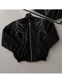 Unisex Siyah Bomber Mont – Beyaz Şimşek Desenli, Fermuarlı Cepli, Kapitone Astarlı Sokak Stili Günlük Ceket - Siyah