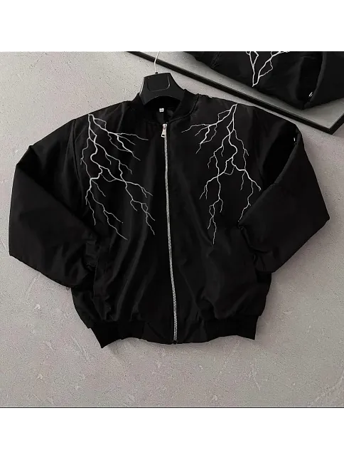 Unisex Siyah Bomber Mont – Beyaz Şimşek Desenli, Fermuarlı Cepli, Kapitone Astarlı Sokak Stili Günlük Ceket - Siyah