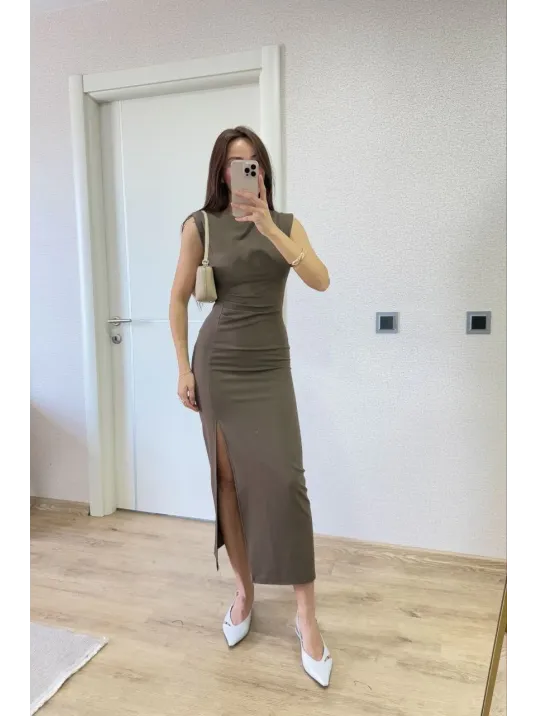 Yırtmaç Detaylı Sırtlı Kapalı Yandan Derin Yırtmaç Detaylı Kolsuz Elbise - Antrasit