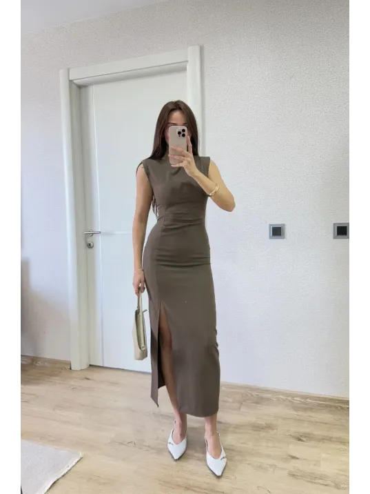 Yırtmaç Detaylı Sırtlı Kapalı Yandan Derin Yırtmaç Detaylı Kolsuz Elbise - Antrasit