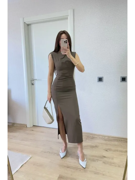 Yırtmaç Detaylı Sırtlı Kapalı Yandan Derin Yırtmaç Detaylı Kolsuz Elbise - Antrasit