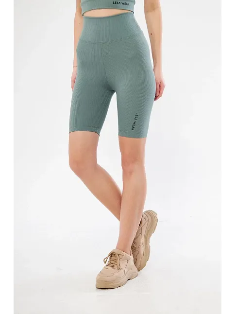 Yüksek Bel Fitilli Biker Baskılı Şort - Mint Yeşili