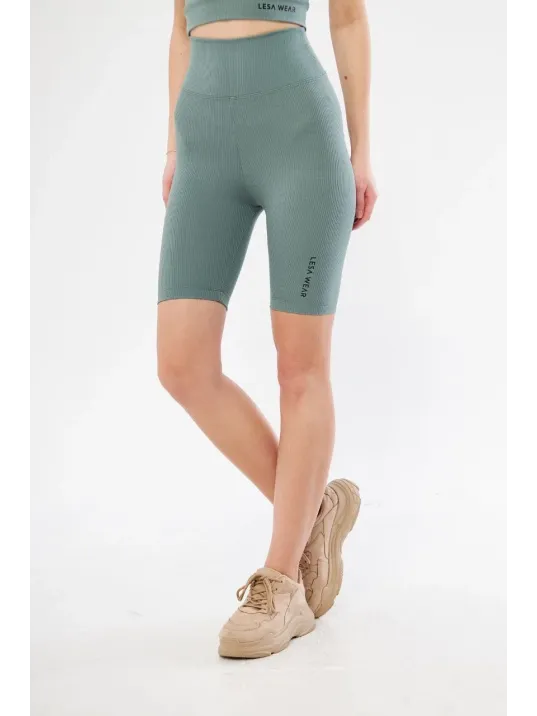 Yüksek Bel Fitilli Biker Baskılı Şort - Mint Yeşili