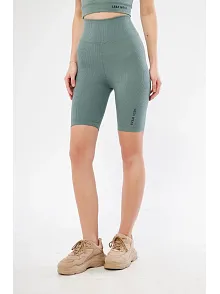 Yüksek Bel Fitilli Biker Baskılı Şort - Mint Yeşili